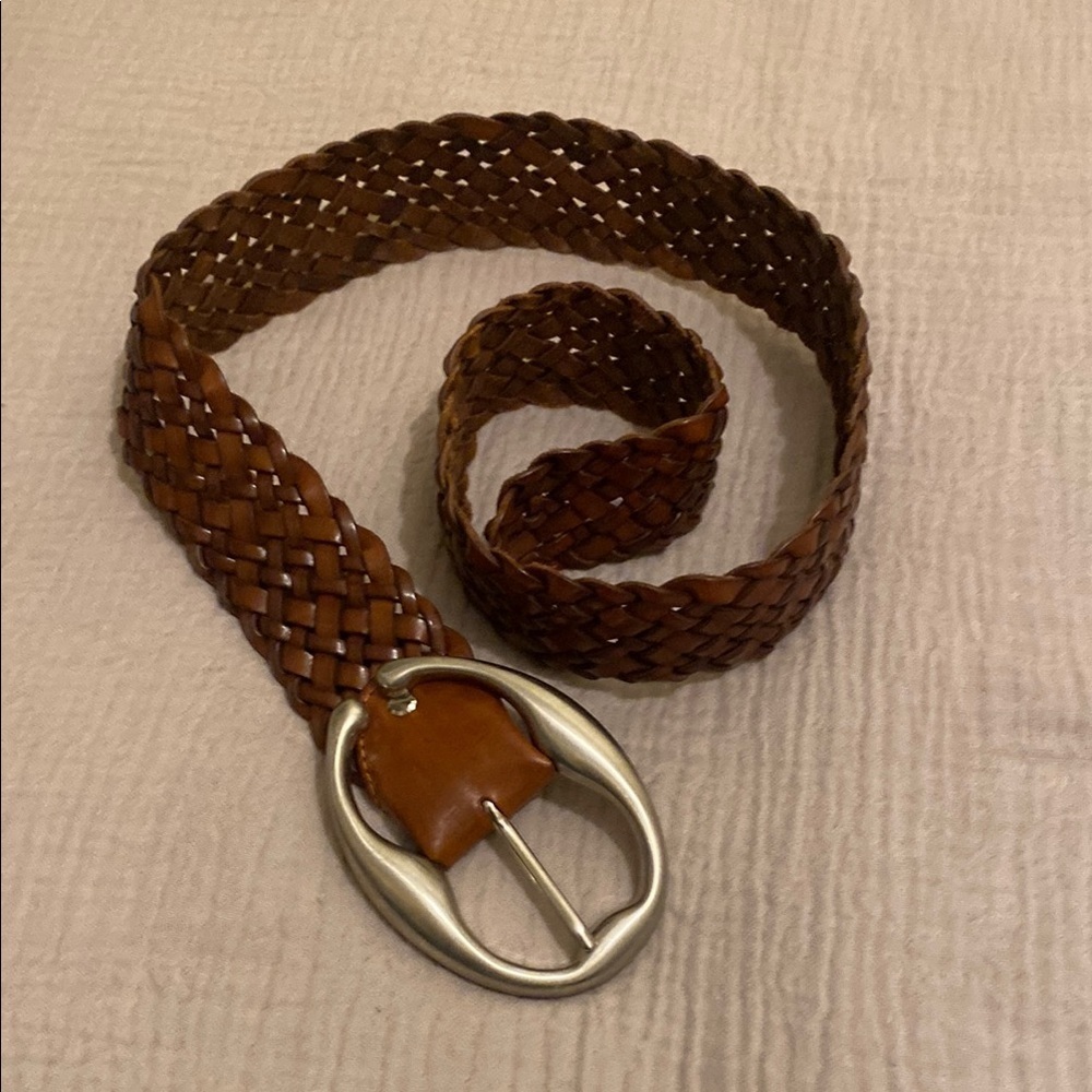 ABRO MADE IN ITALY Brown Woven Leather Belt with Silver Buckle. Size 80